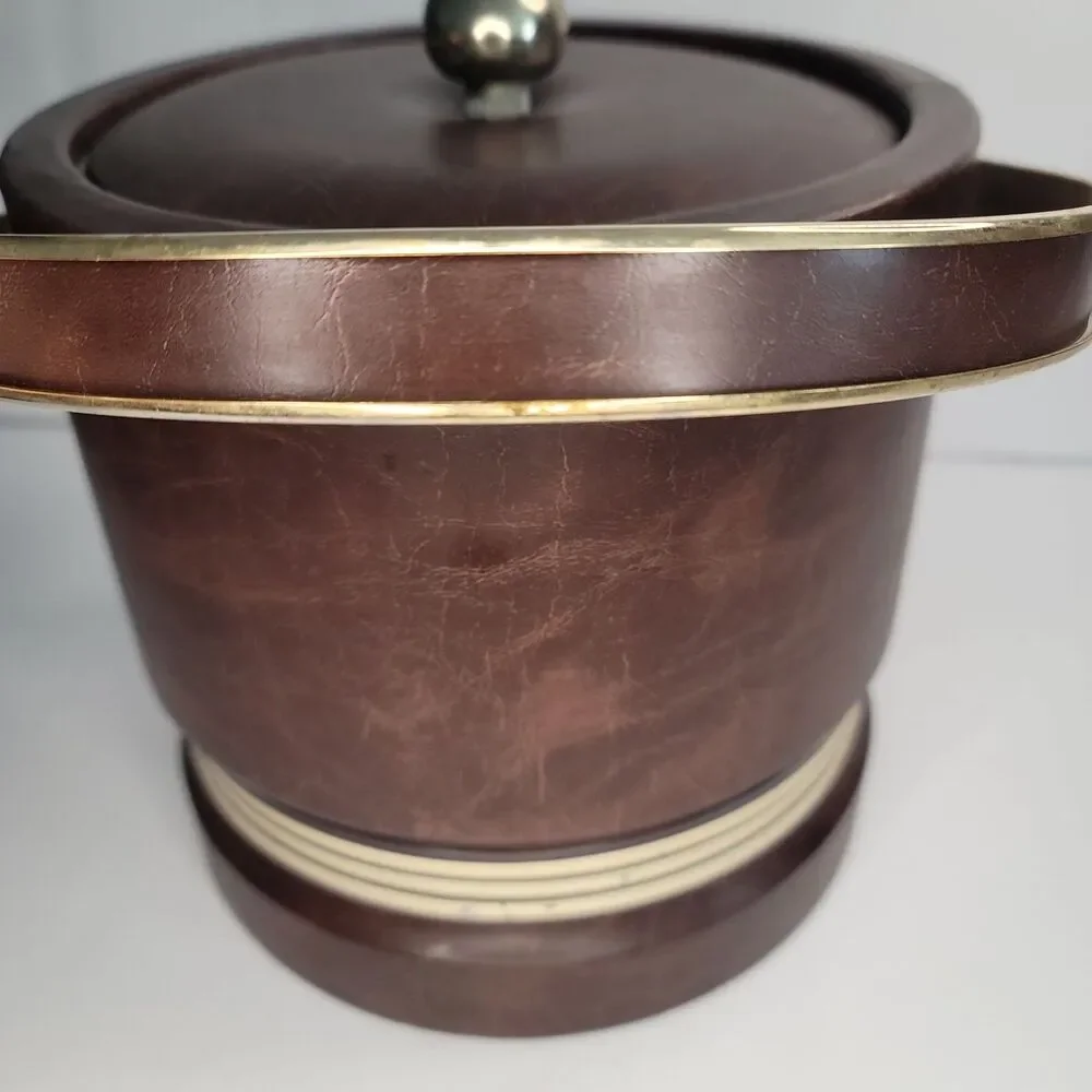 Vintage MCM Brown Vinyl Ice Bucket High Rise Brass Handle Retro Barware 8 In